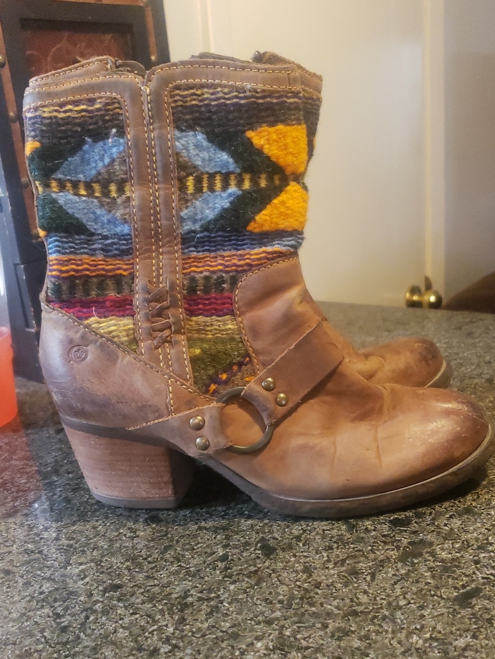 Born Panarea Ankle Boots Brown Leather Aztec Southwest Upper Fabric 7 Or 38